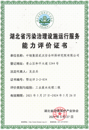 湖北省污染治理設(shè)施運(yùn)行服務(wù)能力評價(jià)證書